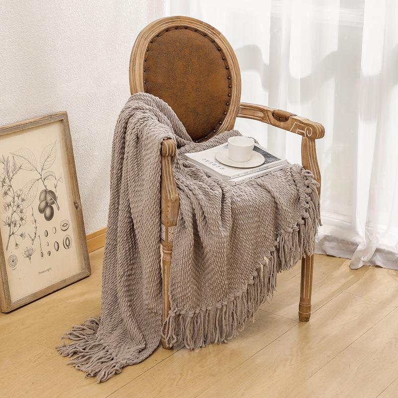 Karamellfärgad Geometrisk Pläd | Stickad Inomhus Utomhuspläd för Soffa Couch Stol Säng | Höstdekor