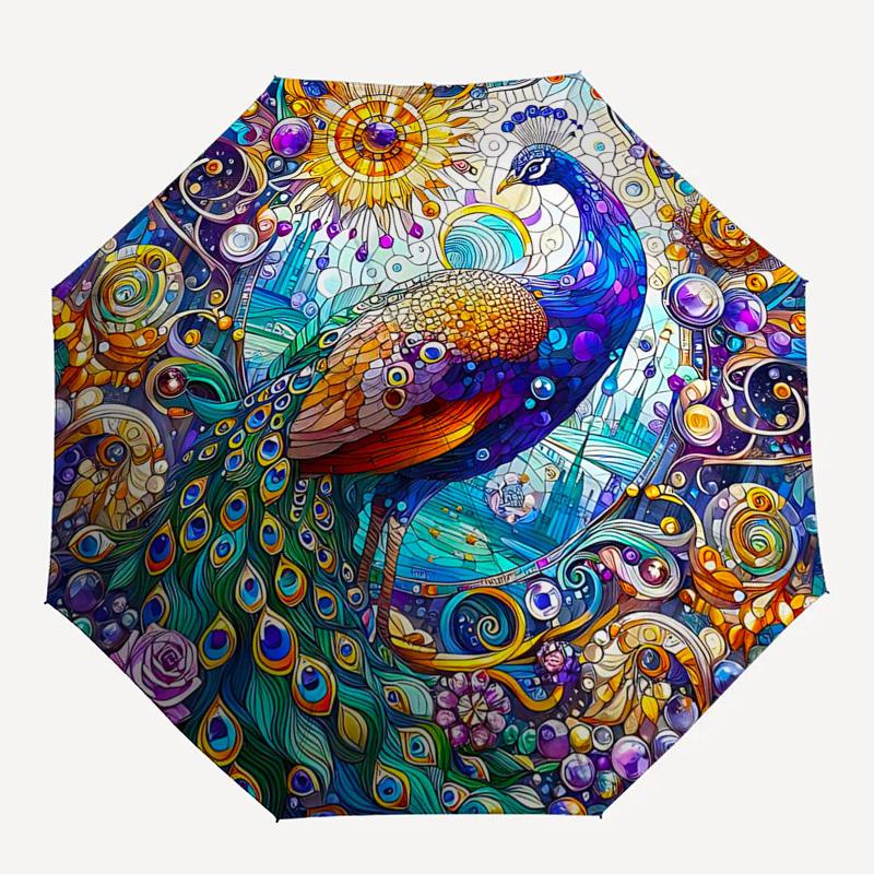 1pc Automatic Folding Umbrella with Peacock Design - Portable 3-Fold Design, 8-Bone Iron Frame Outdoor Umbrella for Festivals, Travelers, Daily Use, G