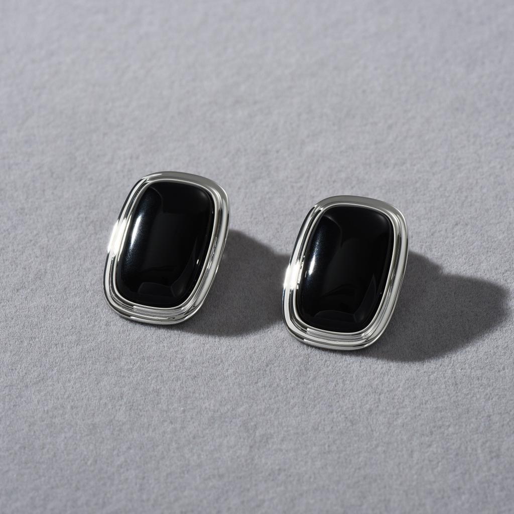 French Romantic Brass Plated 18K Real Gold Inlaid Black Agate Niche 925 Silver Needle Stud Earrings Light Luxury Earrings