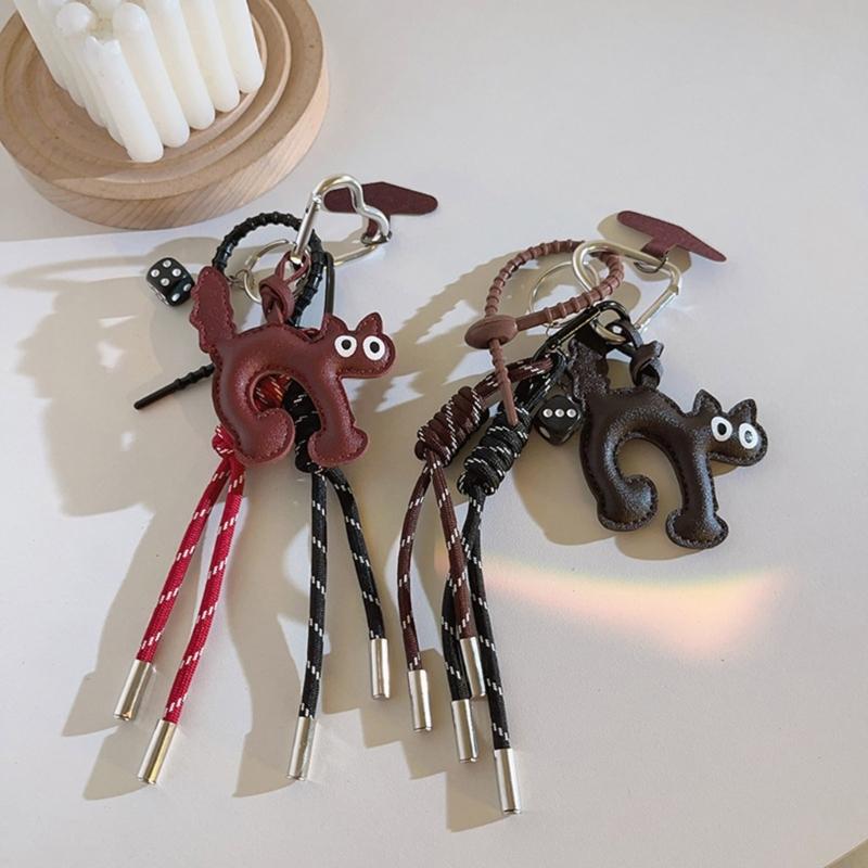 Elegant PU Leather Cat Pendant Keychain Braided Rope Phone Charm for Fashion Accessories Backpack Hanging Ornament