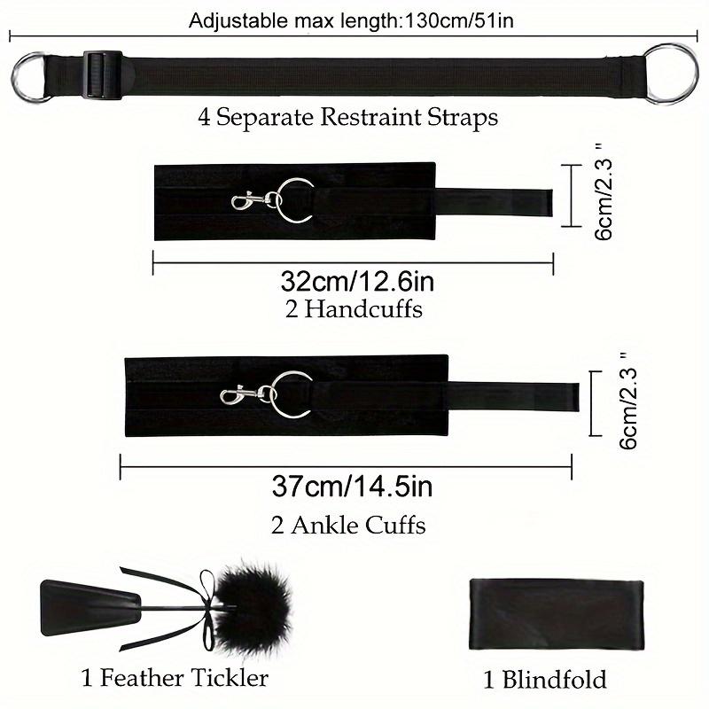 5pcs Set BDSM Bed Bondage Erotic Product, Steel Ring Handcuffs Ankle Cuffs Kit With Eye Mask, Flirting Feather, Leather Slap, Around Any Furniture, Be