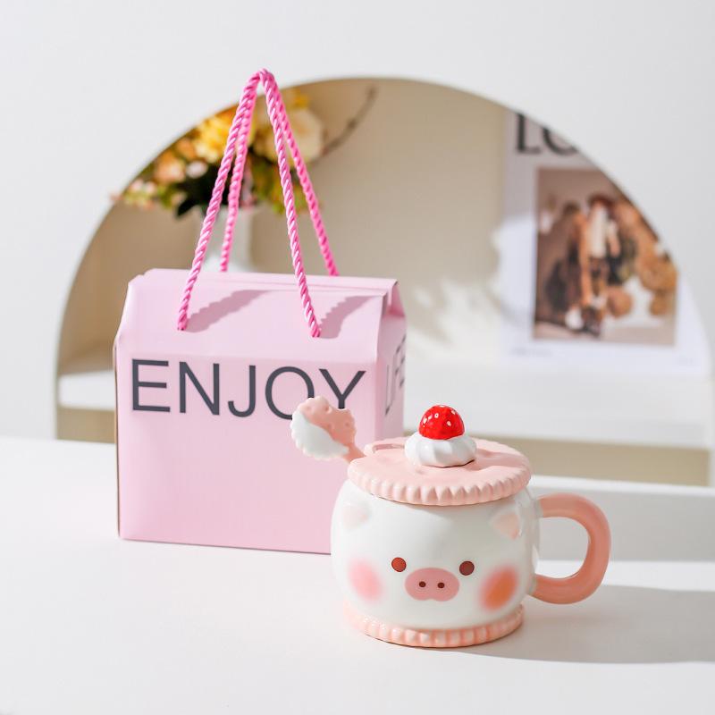 Creative Cute Cartoon Ceramic Mug Pink Girl Heart Gift Cup Water Cup with Lid Spoon Pig Cat Cup