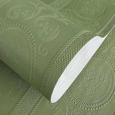 3D Yeşil Kabartmalı Soyul ve Yapıştır Duvar Kağıdı Damask Dokulu Kendinden Yapışkanlı Duvar Kağıdı Modern Çiçekli İletişim Kağıdı Oturma Odası İçin