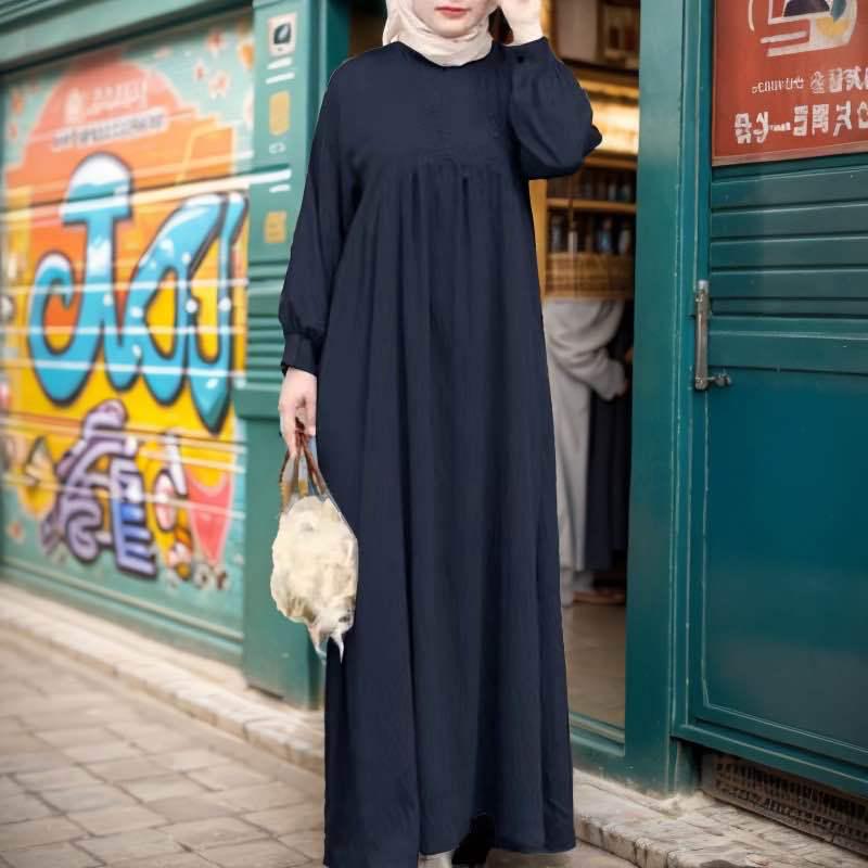 Plus Size Solid Color Long Sleeve Muslim Casual Pullover Dress