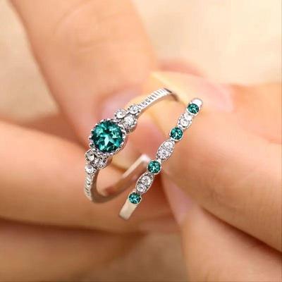 European & American Two-Color Double Ring Set: Emerald & Sapphire Zircon Rings for Women