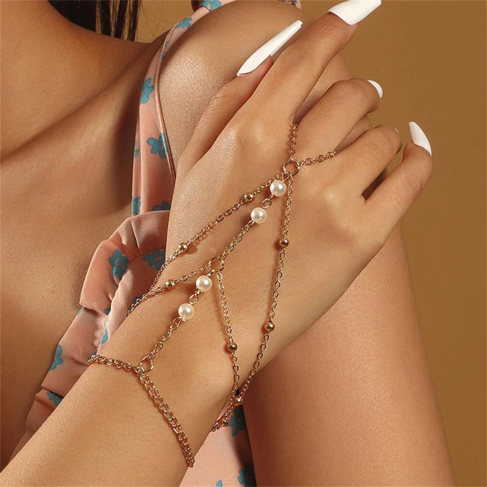 Simple Heart Slave Chain Bracelet Gold Plated Link Connected Wide Finger Ring Bracelets Jewelry Gifts For Women Girls