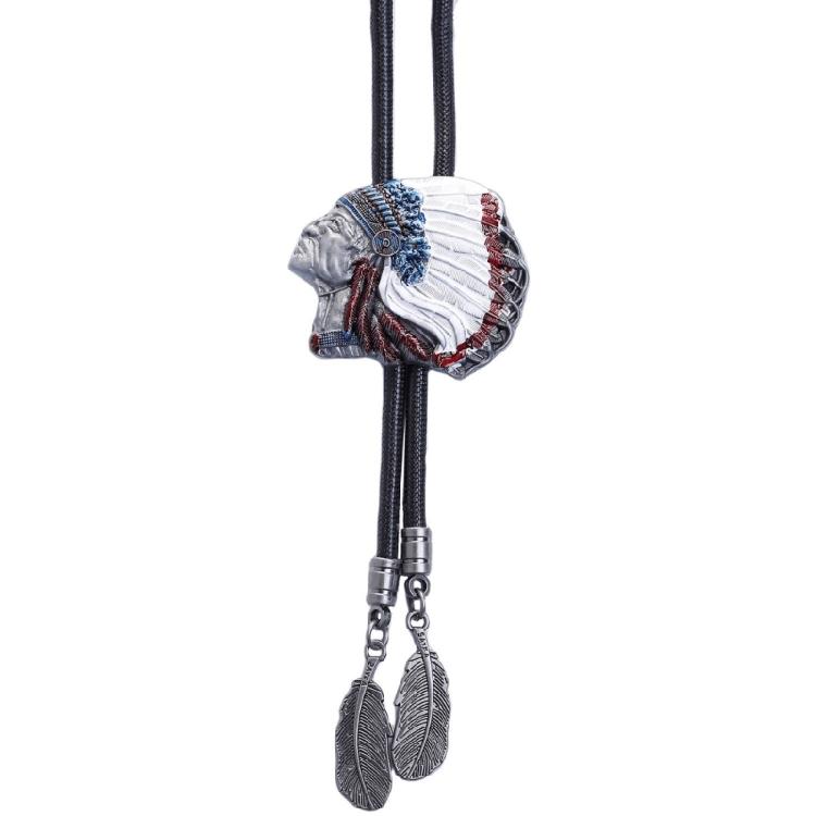 Mens Bolo Tie Indian Head Feathered Western Cowboy Necklace Jewelry Shirt Chain