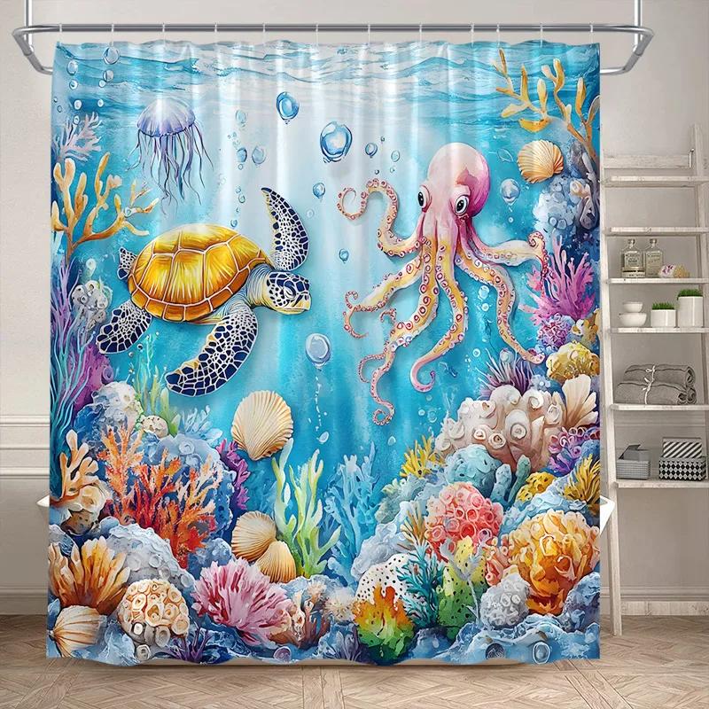 VIKAMA Underwater World Theme Shower Curtain - Waterproof and Mold-Resistant Bathroom Partition Curtain for Home Decoration