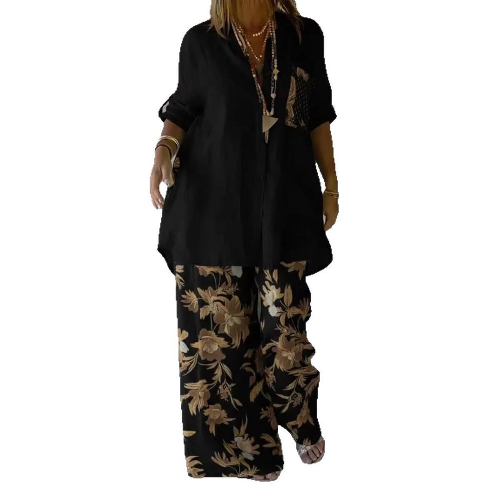 Spring Women's Floral Print Mid-Length Sleeve Top & Long Pants Set 2026