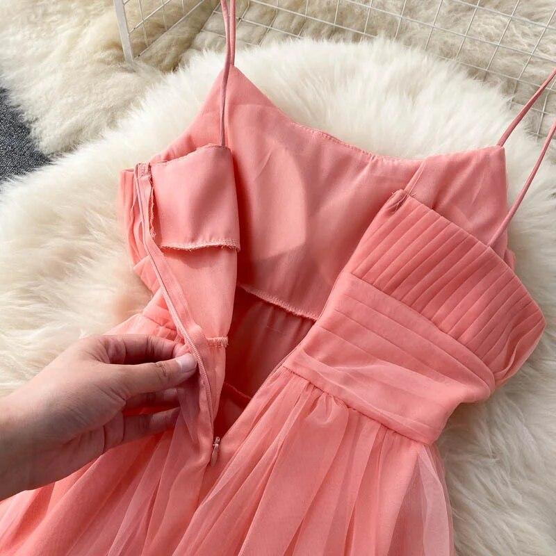 Sexy Mesh Strap One Piece Dress Women Sweet Ruffle A-Line Beach Party Dresses Female Fashion Solid Design Elegant Clothing 2024