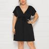 Women's Casual High Waist Belly Concealing V-Neck Drawstring Plus Size Dress