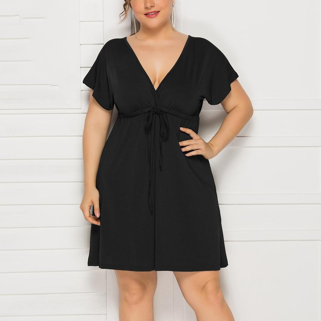 Women's Casual High Waist Belly Concealing V-Neck Drawstring Plus Size Dress
