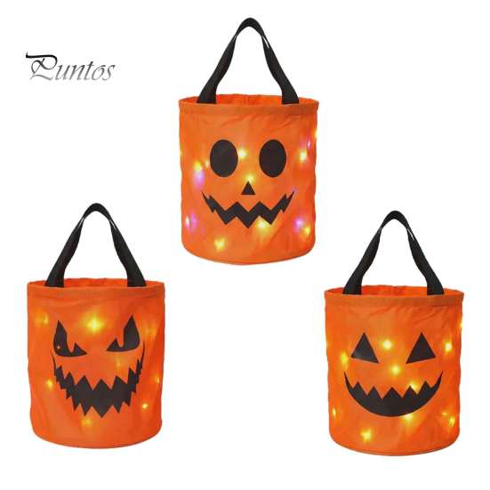 Outdoor Night Safety Props LED Light Up Halloween Bucket, Glow In The Dark Trick or Treat Candy Collapsible Decorative Pails Bag with Handle, Reusable