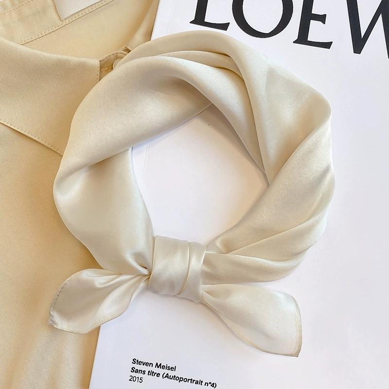 53CM Square 100% Mulberry Silk Scarf Solid Color Roll Edge Small Head Neck Hijab Women Decoration Kerchief Silk Bandana Scarves