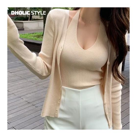 Ladies Korean fashion dholic summer summer ss halter neck knit sleeveless & cardigan SET p681063 setup other slim fit layered simple casual