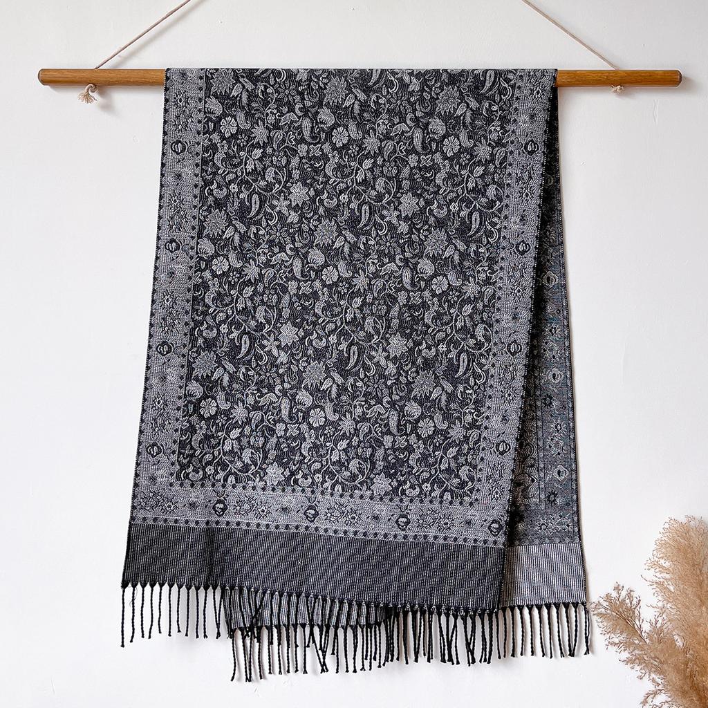 versatile retro flower pattern Hong Kong style imitation cashmere women's warm scarf fashion long beard fringed shawl