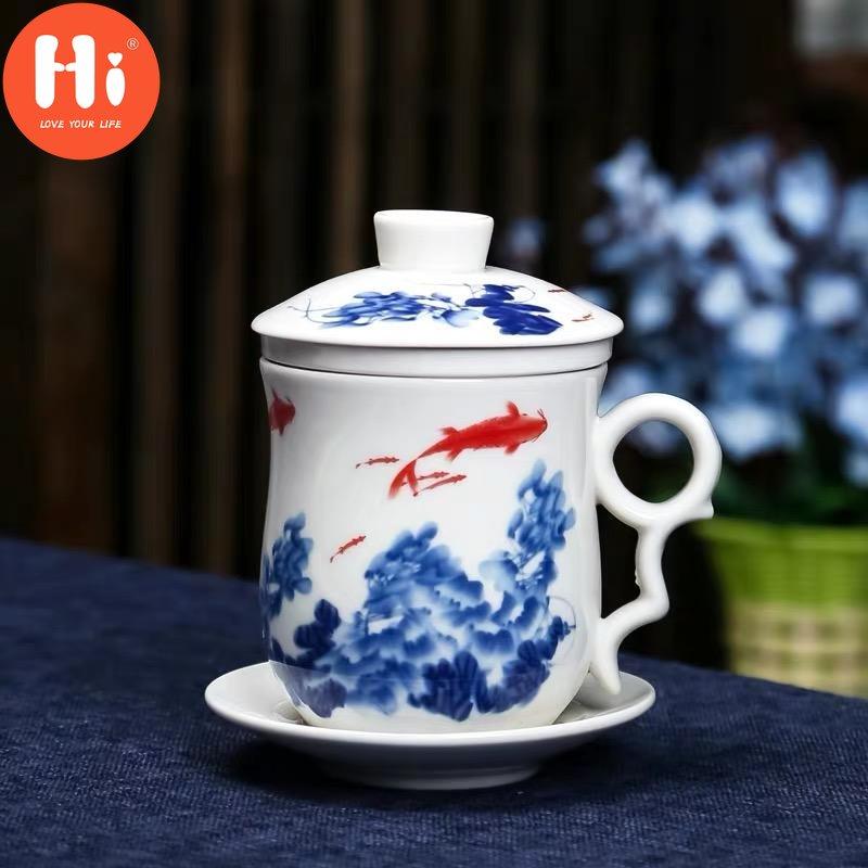 Hi Blue and White Porcelain Office Teacups with Lid Filter Creative Ceramic Hand-Painted Water Cups Household Drinkware Gifts