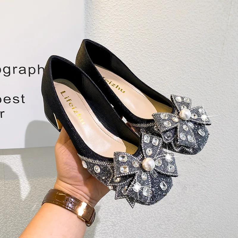 New Shoes for Women Fashion Shiny Pumps Round Toe Rhinestone Bowknot High Heels Shoes Ladies Boat Shoes Big Size