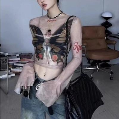 2024 Personality Butterfly Print Long Sleeve T-Shirt See Through Fashion Y2k Crop Tops Korean Vintage Sexy Gauze Harajuku Tees