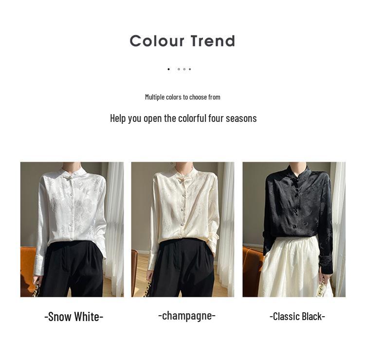 Women's Summer Stand Collar Jacquard Shirt in Solid Color Silk Satin