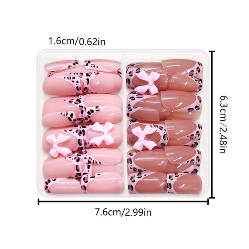Förpackning med 24 Glansiga Rosa Press-On Naglar med 3D-Rosetter Leopardmönster Korta Fransk Spets Fyrkantig Form LösNagel för Kvinnor