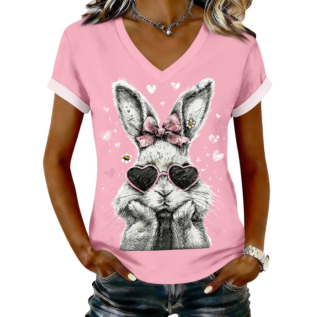 Women's Casual Printed T-Shirt V Neck Pullover Short Sleeve Top