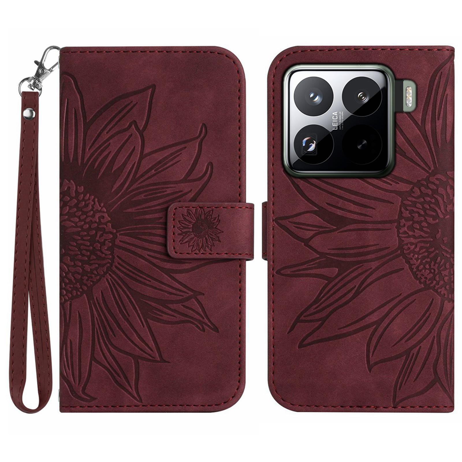 

Для Xiaomi 15 Pro Case Sunflower Imprint Шкіряний гаманець для телефону з ремінцем на зап ясті Wine Red