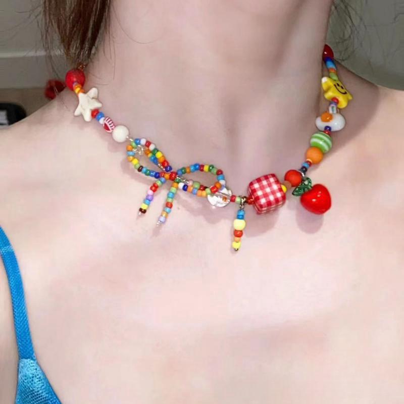 Acrylic rice bead square bow apple star pendant necklace niche fashion light luxury versatile exquisite necklace