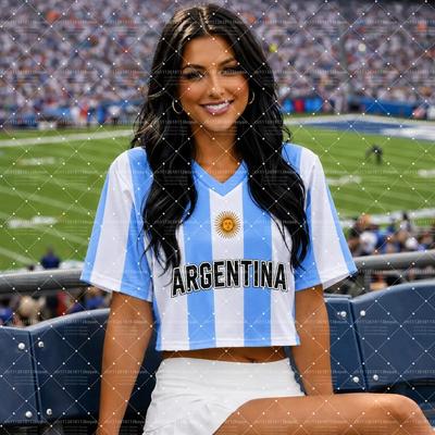2026 Sommar Dam Argentina-inspirerad V-ringad Croptop, Andningsbar Snabbtorkande Y2K Fotbollsfan Hejarklacks T-shirt