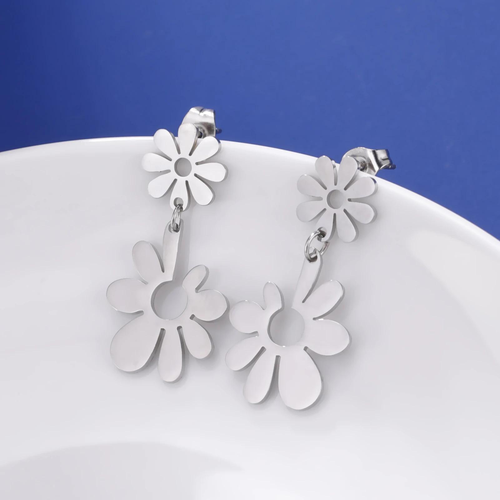 

Teamer Flower Stainless Steel Dangle Earrings for Women Girls Trend Aesthetic Pendant Earrings Minimalist Wedding Jewelry Gifts