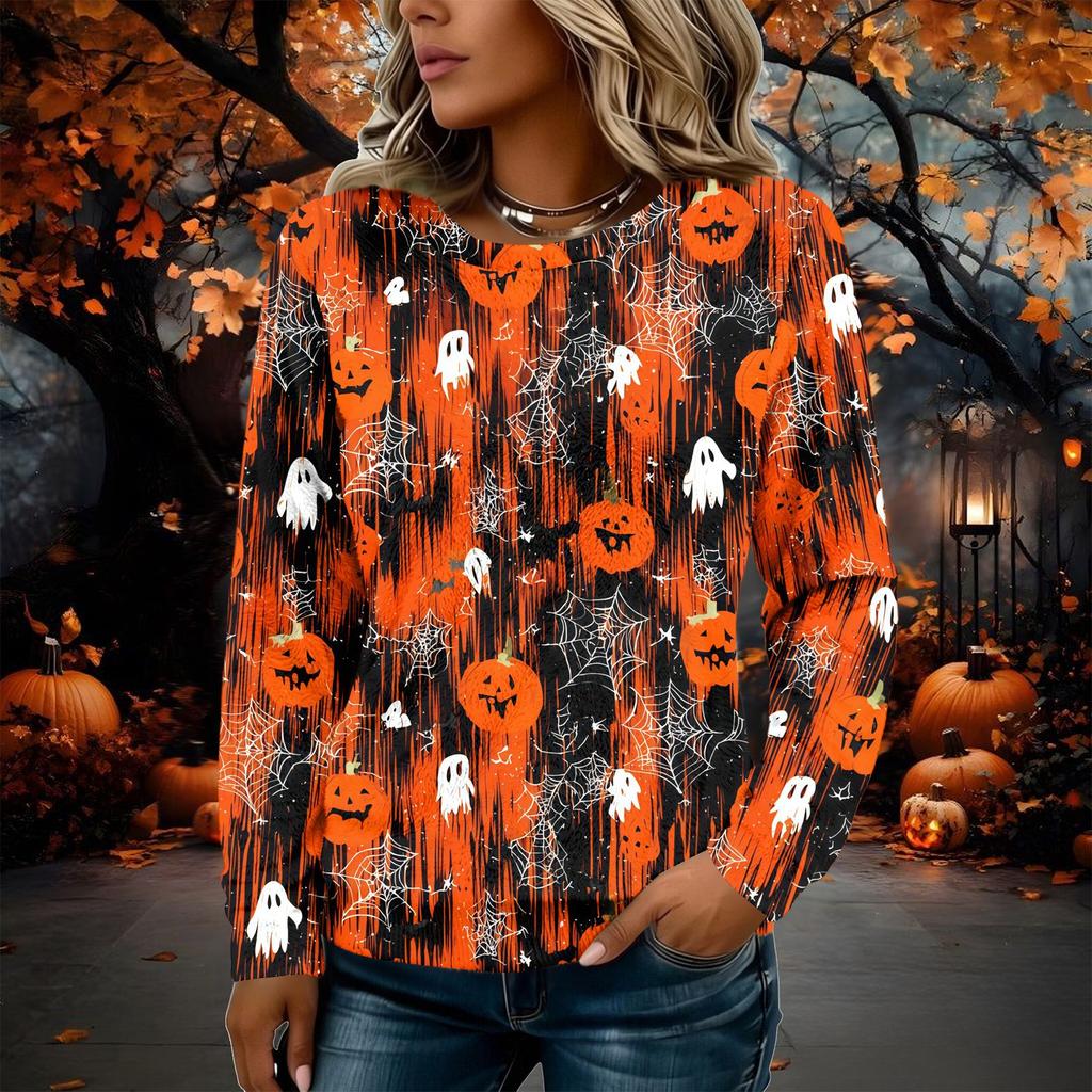 Women's Flannel Long Sleeve Top with Halloween Print Neck Pullover Shirt