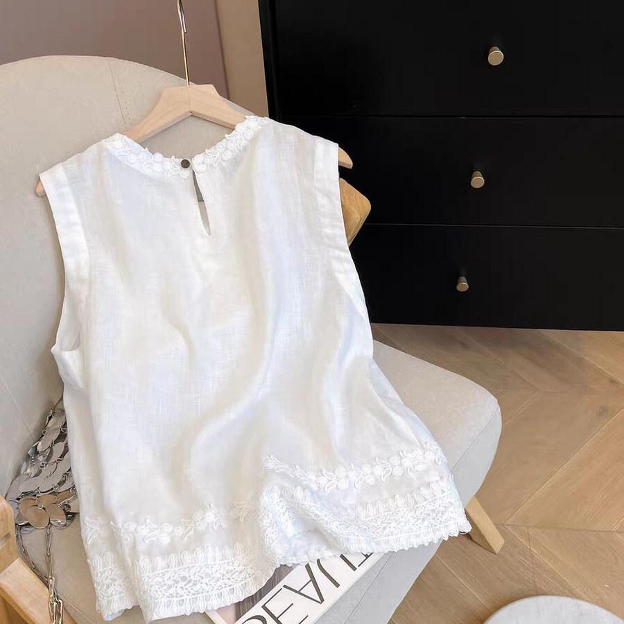 French Summer Premium Light Luxury Chic Lace Embroidery Loose Skinny Sleeveless Vest White Shirt A