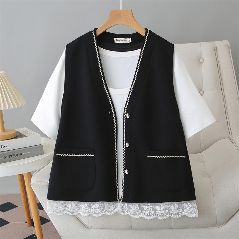 2026 Spring/Summer Plus Size Patchwork Mesh V-neck Cardigan Vest for Curvy Women