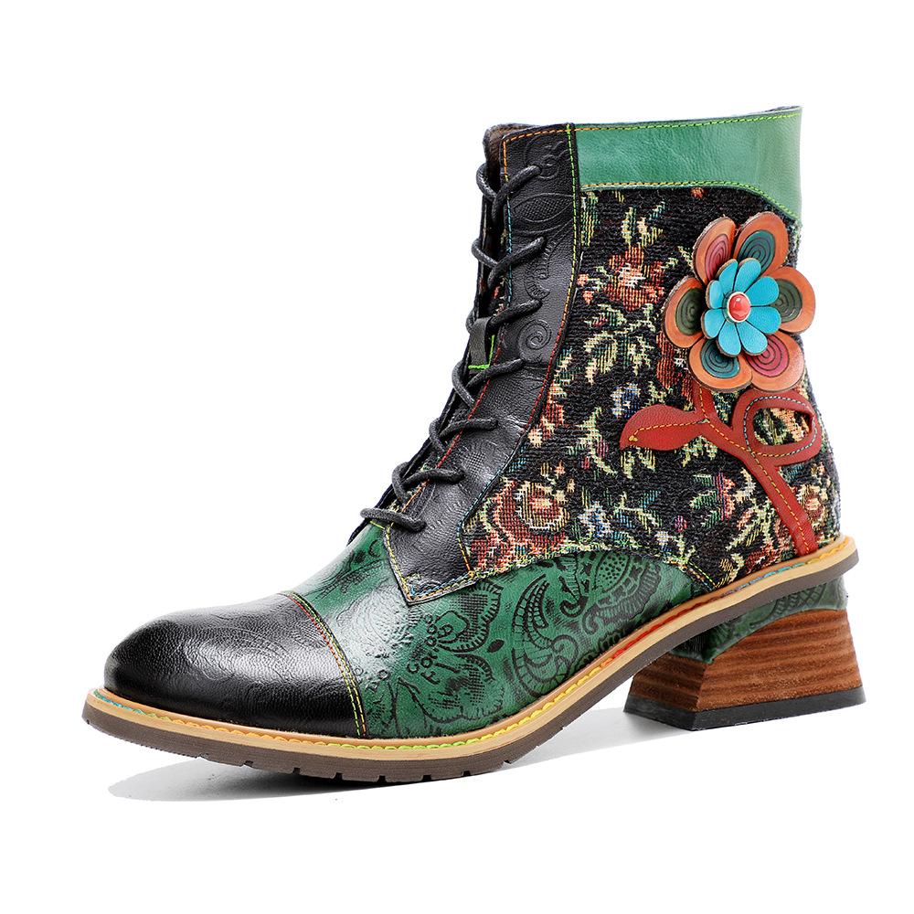 Johnature Plateaustiefel aus echtem Leder, Schnür-Damenschuhe, Blumenmuster, runde Zehen, Nähen, Prägung, Stiefeletten
