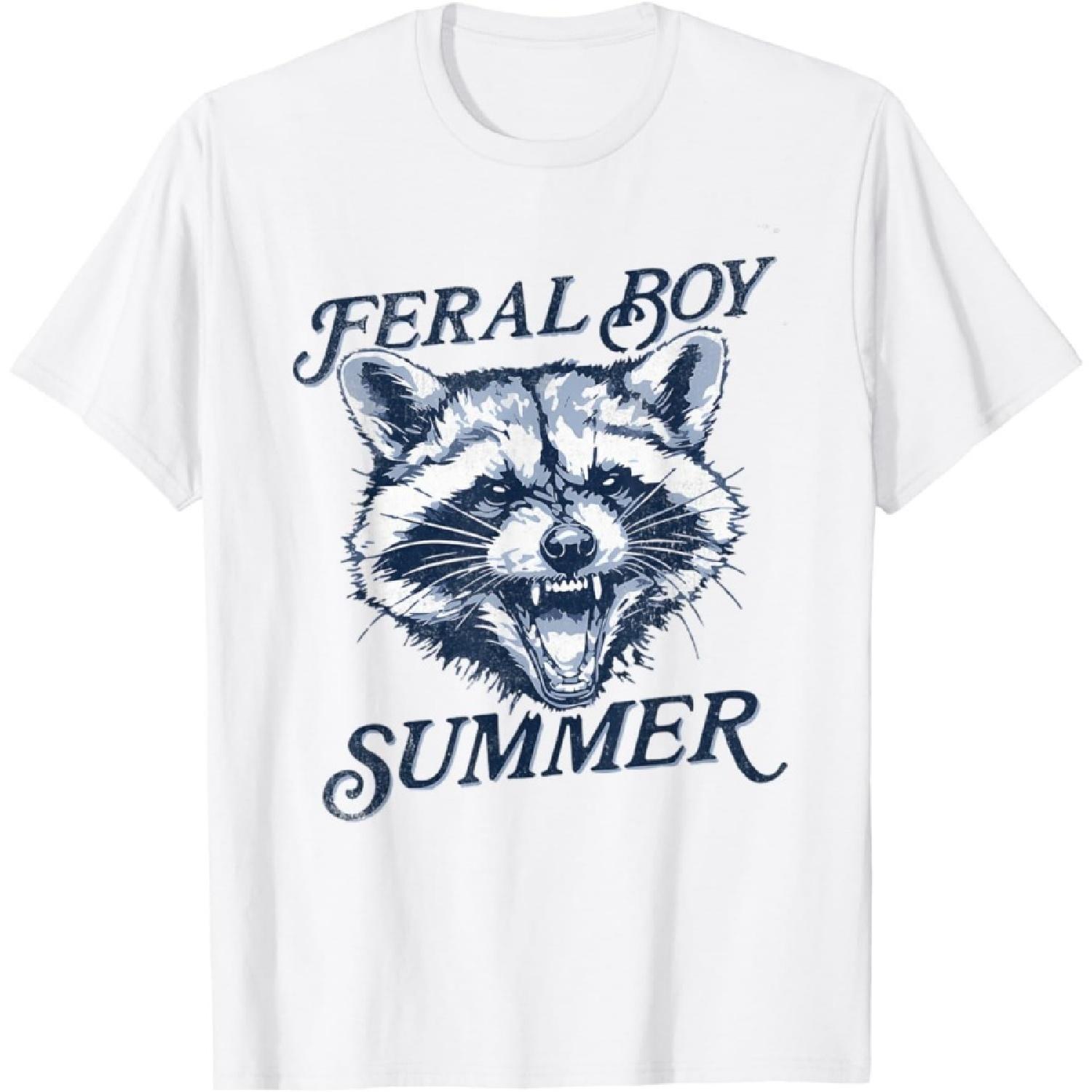 SHAAMOU Feral Boy Summer Funny Raccoon Meme Trash Panda Raccoon T-Shirt (White, Medium) S