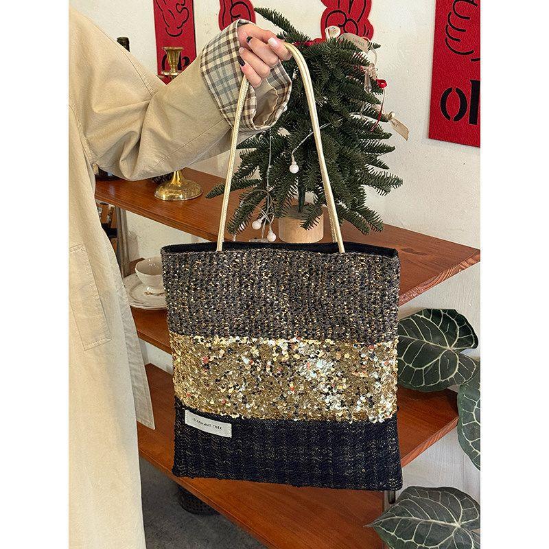 Small-scale Design Sequined Patch Tote Bag for Commuting, Hand-held Tote Bag with Large Capacity, Single-shoulder Bag