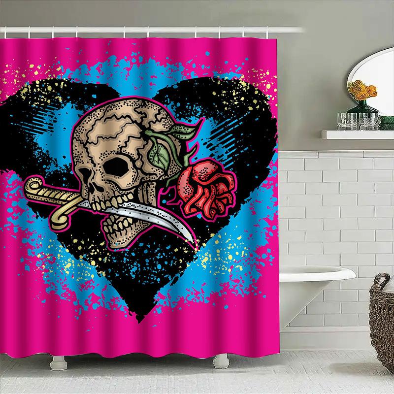 

Tuniu Skull Rose Heart Shower Curtain Gothic Black Pink Tribal Art Waterproof Bathroom Decor W60H190(CM)-1 Pcs