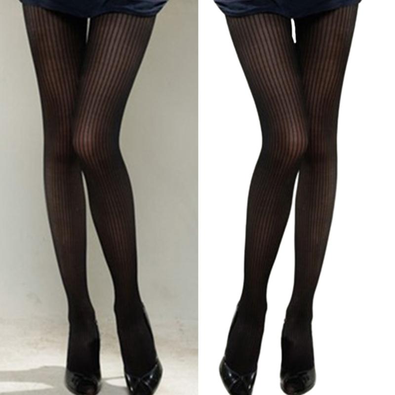 Vintage Patterned Semi-Sheer Pantyhose Stockings Women Vertical Striped Jacquard Thin Silky Tights Leggings Streetwear
