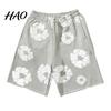 Men Daily Short Pants Summer Shorts Flower Print Drawstring Elastic Waist Loose Pockets Street Style Pleated Vacation Beach Sport Casual Homewear