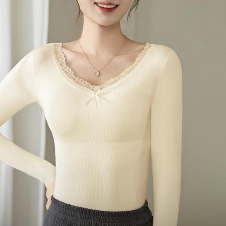 Winter Thermo Oberteil Langarm V-Ausschnitt Damen Slim Fit Shirt Spitzenbesatz Einfarbig Gepolsterte Innenschicht