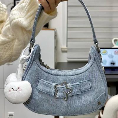 Y2K Vintage Women's Handbags Stars Pattern Korean Denim Zipper Shoulder Bag Female Underarm Bag Fashion Crossbody Bags for Girls