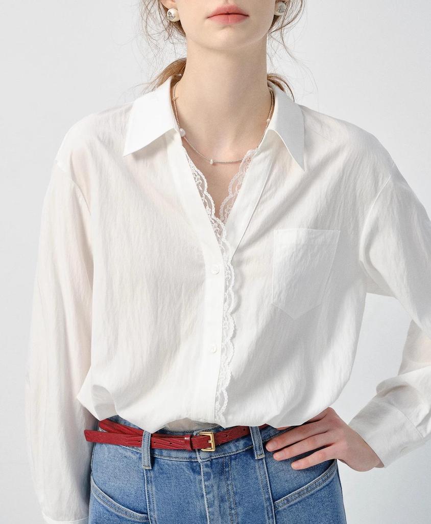 Women's VEGA Long Sleeve White Shirt - 2026 Spring Auroral Style with Lace Trim