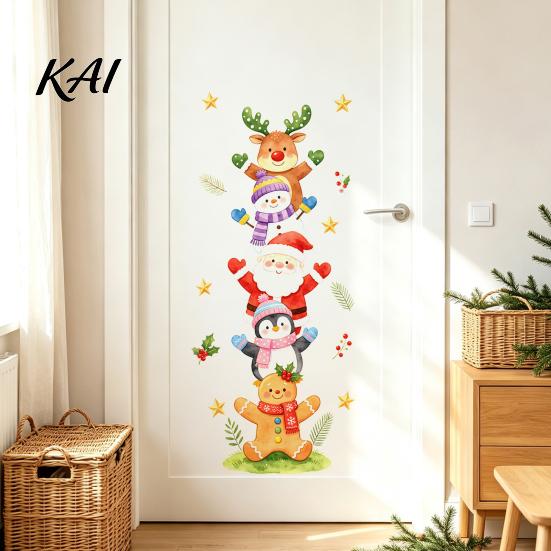 Xmas Cabinet Stickers Watercolor Christmas Stack?Up Characters Wall Stickers, Removable Self?Adhesive Door Holiday Gift for Friends Sticker, Santa
