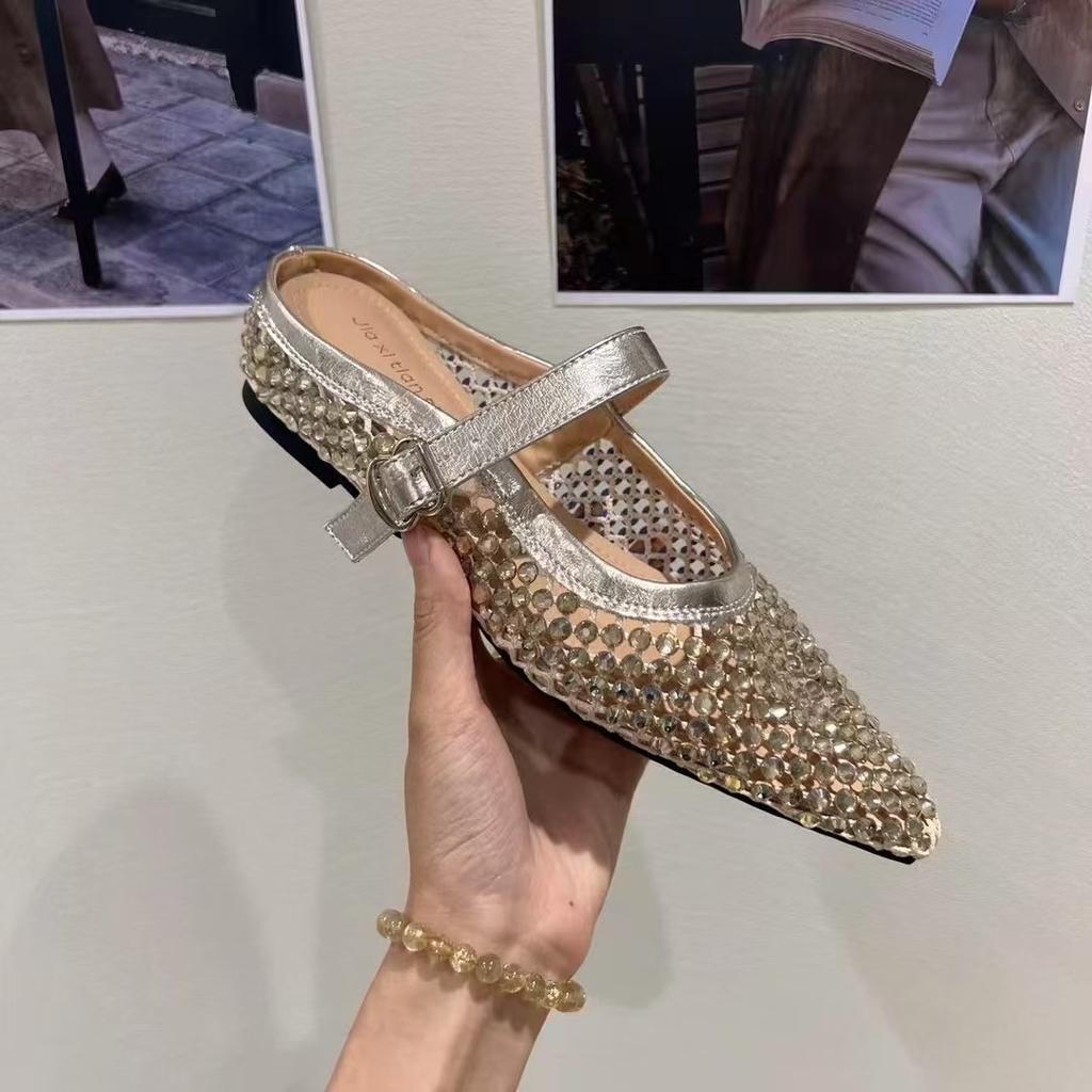 Fashion Women Slippers  New Rhinestone Leisure Slipper Retro Pointed Toe Metal Buckle Fashion Half Slipper Sandalias De Mujer