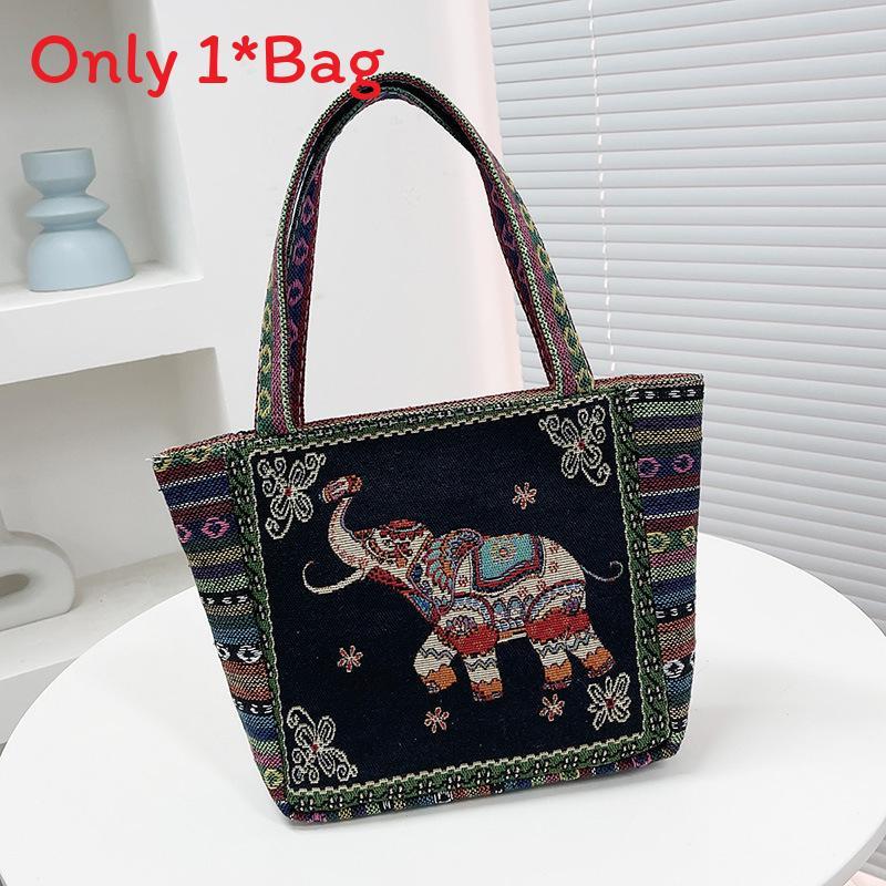 Elephant Embroidered Canvas Handbag With Dual Handles For Casual Daily Use