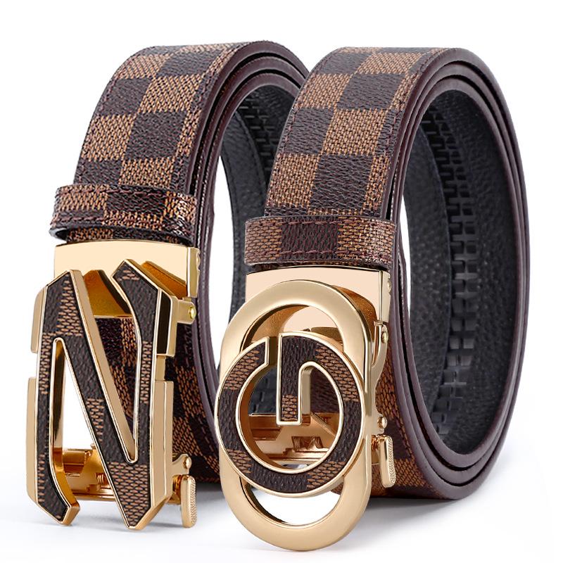 Men's Trendy Leather Belt with Letter Alloy Automatic Buckle - Versatile for Casual and Business Wear
