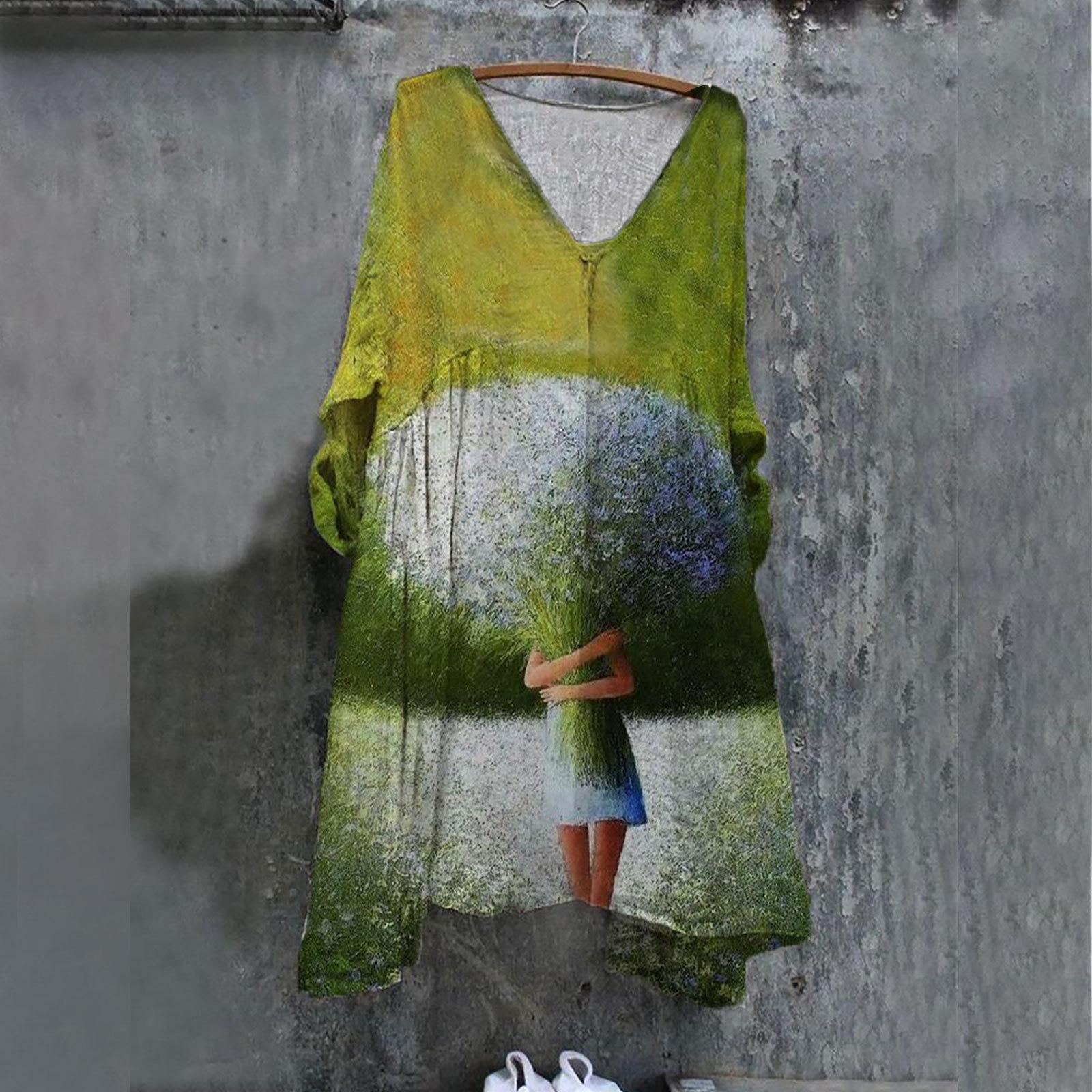 

Wish Digital Print Pastoral Summer Casual Collar Dress XXL