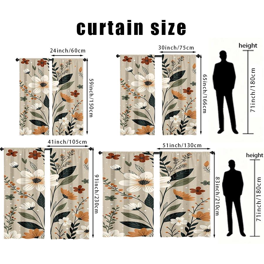 2PCS Multicolor Beige Orange White Floral Pattern Curtains Rod Pocket Design For Bedroom And Living Room