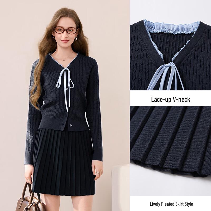 Women's College Style Pleated Skirt & Cable Knit Cardigan Set