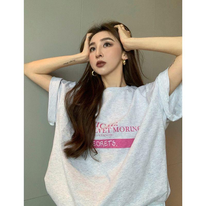 

European Goods Classy Light Color Short Sleeve T-Shirt Women s Summer 2025 New Arrival Best Selling Loose K-style round Neck Pure Cotton Tops Grey XL